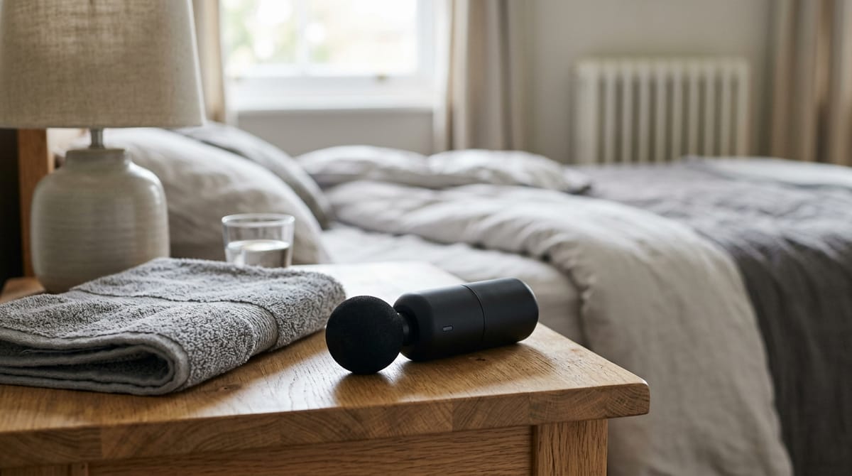 A compact palm-sized percussion massage gun resting on a side table at home