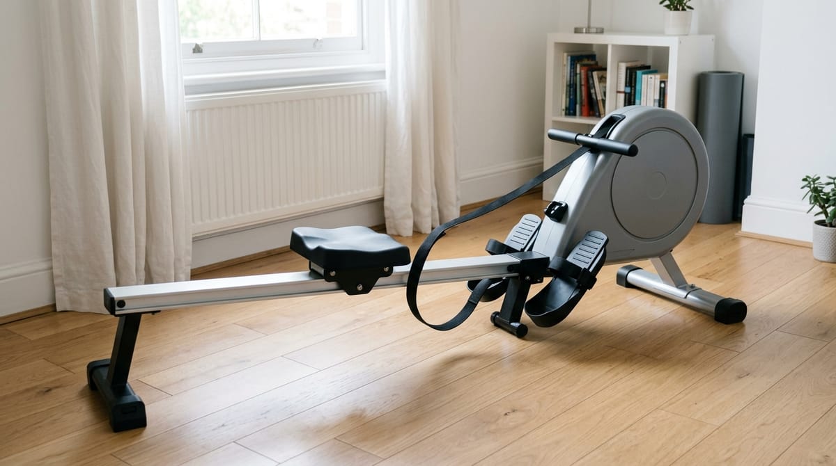 A compact rowing machine set up in the corner of a spare room