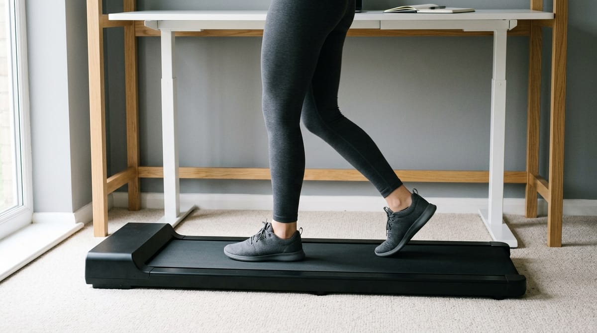 A folding walking pad in use under a standing desk at home