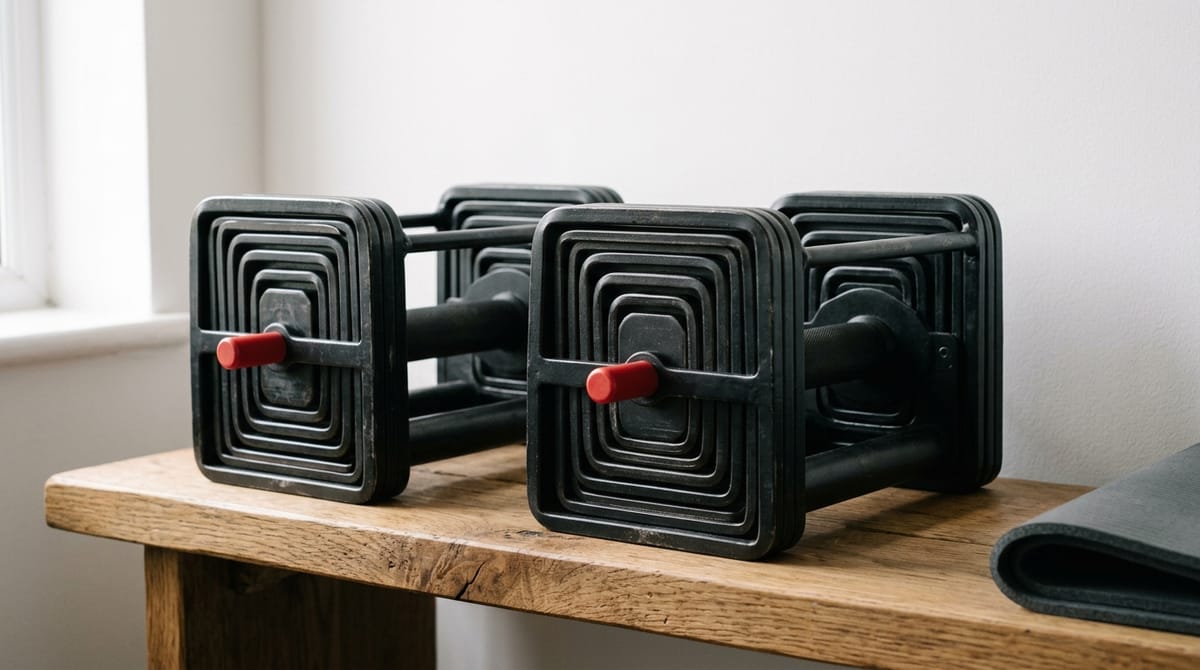 A pair of cage-style adjustable dumbbells with selector pins on a wooden bench top