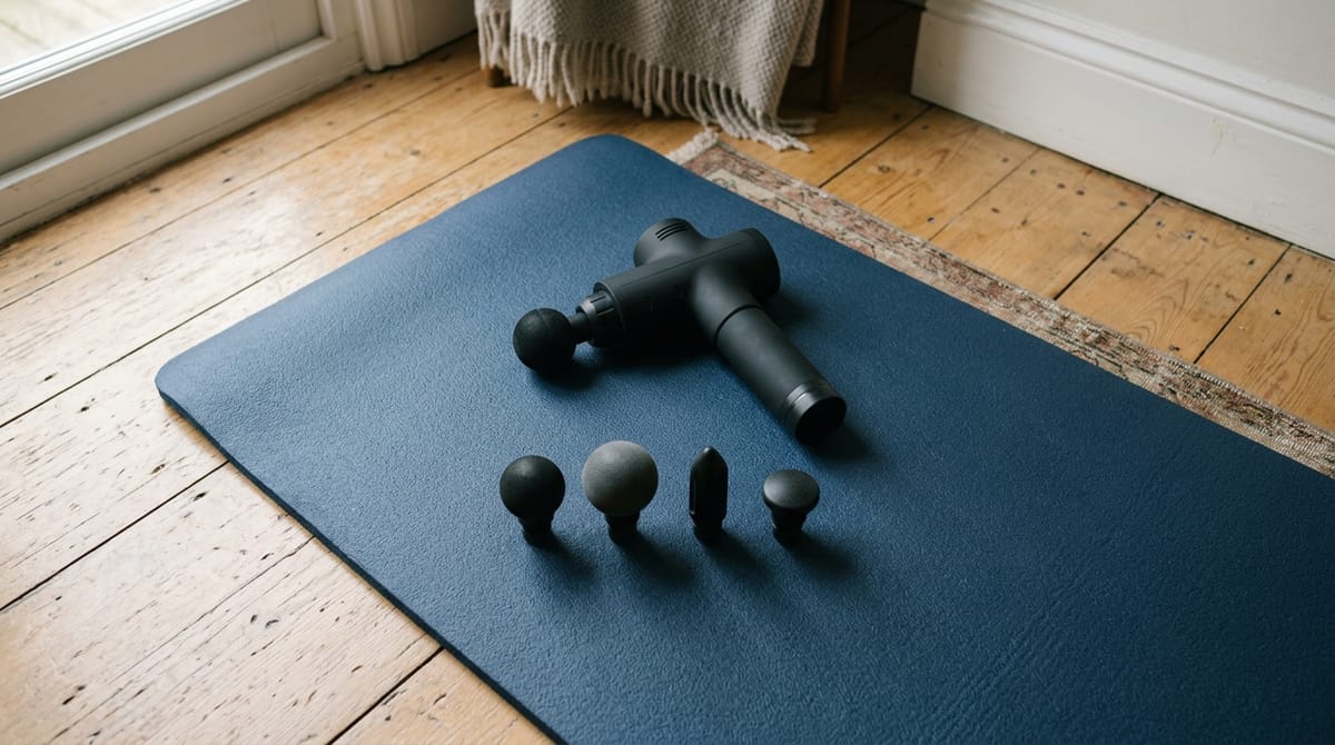 A percussion massage gun and its interchangeable heads laid out on an exercise mat