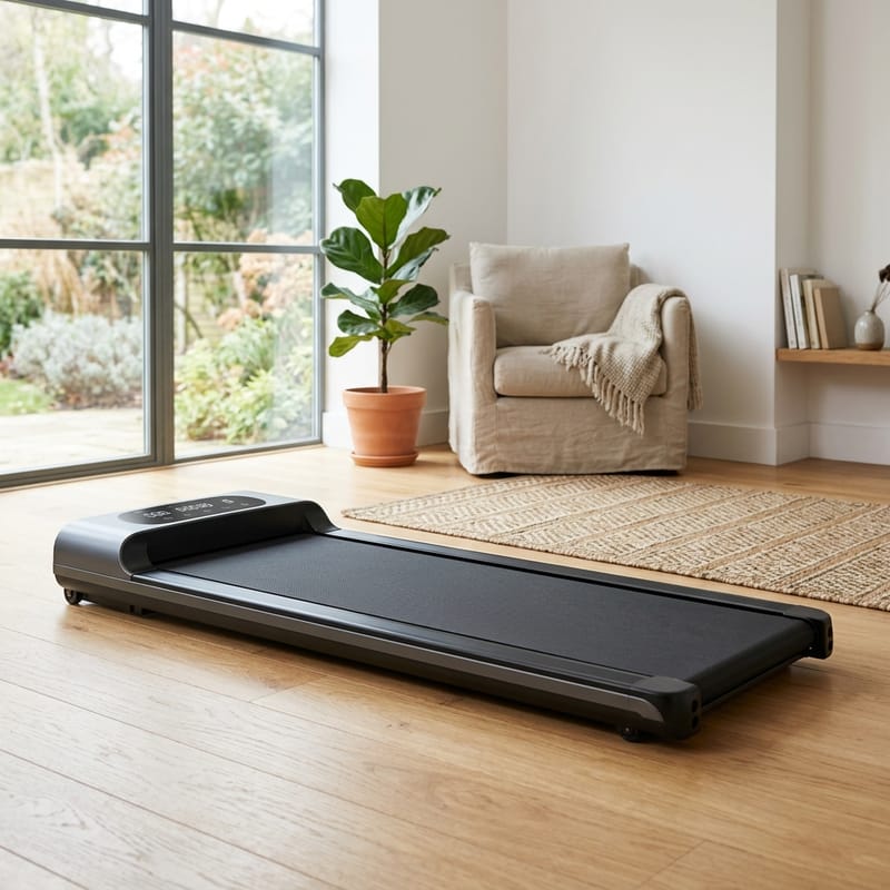 A slim black folding walking pad treadmill on a light wooden floor in a bright, minimalist home living room