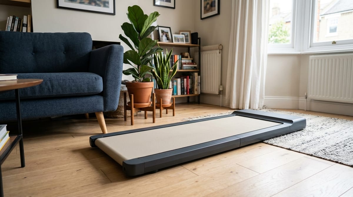 A slim folding walking pad unfolded on a living-room floor